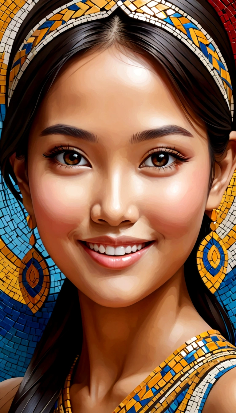 Digital 3d geometric mosaic art,Thai girl face,sweet smile,abstract,Professional painting,Complex layout,exquisitely