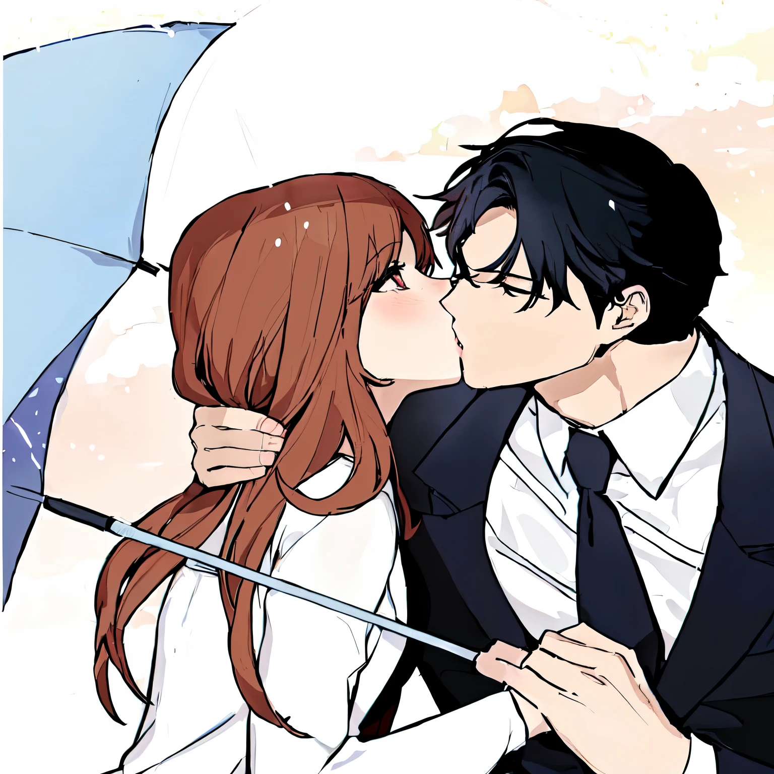 anime couple kissing under umbrella in the rain, kissing together cutely, kissing together, shoujo romance, official fanart, marton gyula kiss ( kimagu ), lovely kiss, manhwa, ( ( ( yoshinari yoh ) ) ), kissing each other, man eyes closed, girl with open eyes scared, girl kissing surprise, girl detailed eyes