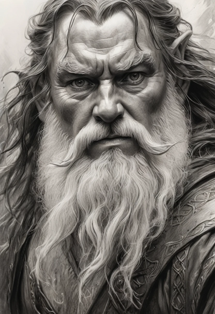 stunning black and white graphite sketch of Gimli, up close shot, from The Lord Of The Rings trilogy, in dynamic pose, by Anna Razumovskay, (by Alyssa Monks:1.1), by Joseph Lorusso, by Lilia Alvarado, beautiful lighting, sharp focus, 8k, high res, (pores:0.1), (sweaty:0.8), Masterpiece, Nikon Z9, Award - winning photograph, --ar 16:9 --style raw --stylize 750 --niji 6, perfect composition, beautiful detailed intricate insanely detailed octane render trending on artstation, 8 k artistic photography, photorealistic concept art, soft natural volumetric cinematic perfect, wide angle view