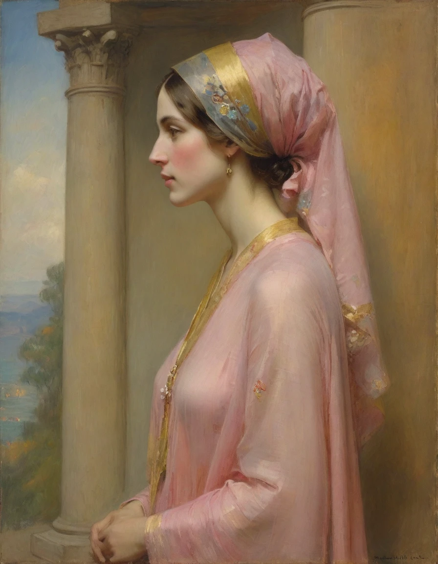 Masterpiece, ((realistic)), (propaganda poster), (((by James McNeill Whistler))), ((by Odilon Redon)), ((((profile portrait of a veiled roman woman, young, priestess, dignified, wearing pink and yellow silken robes, detailed moth and rose elements, muted colors)))), (((corinthian columns with moth elements, jungle background, moths)))