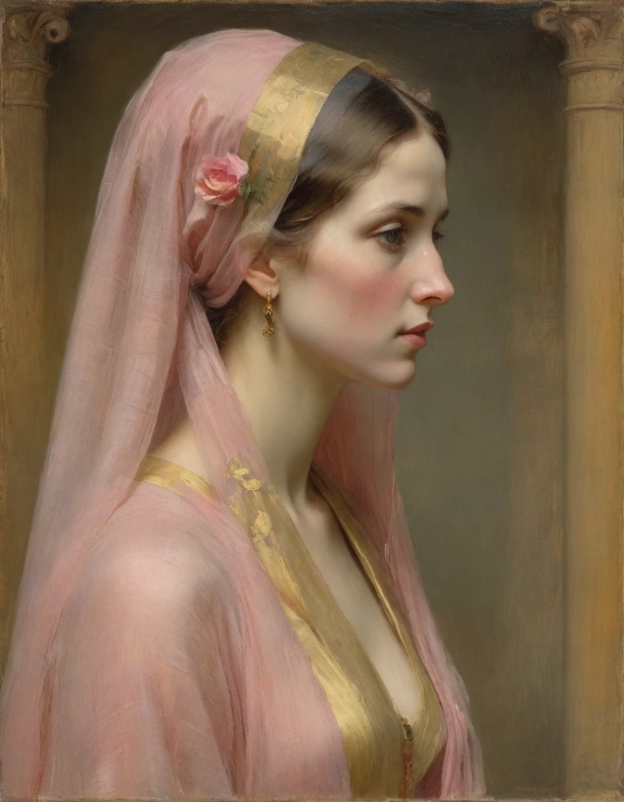 Masterpiece, ((realistic)), (propaganda poster), (((by James McNeill Whistler))), ((by Odilon Redon)), ((((profile portrait of a veiled roman woman, young, priestess, dignified, wearing pink and yellow silken robes, detailed moth and rose elements, muted colors)))), (((corinthian columns with moth elements, jungle background, moths)))