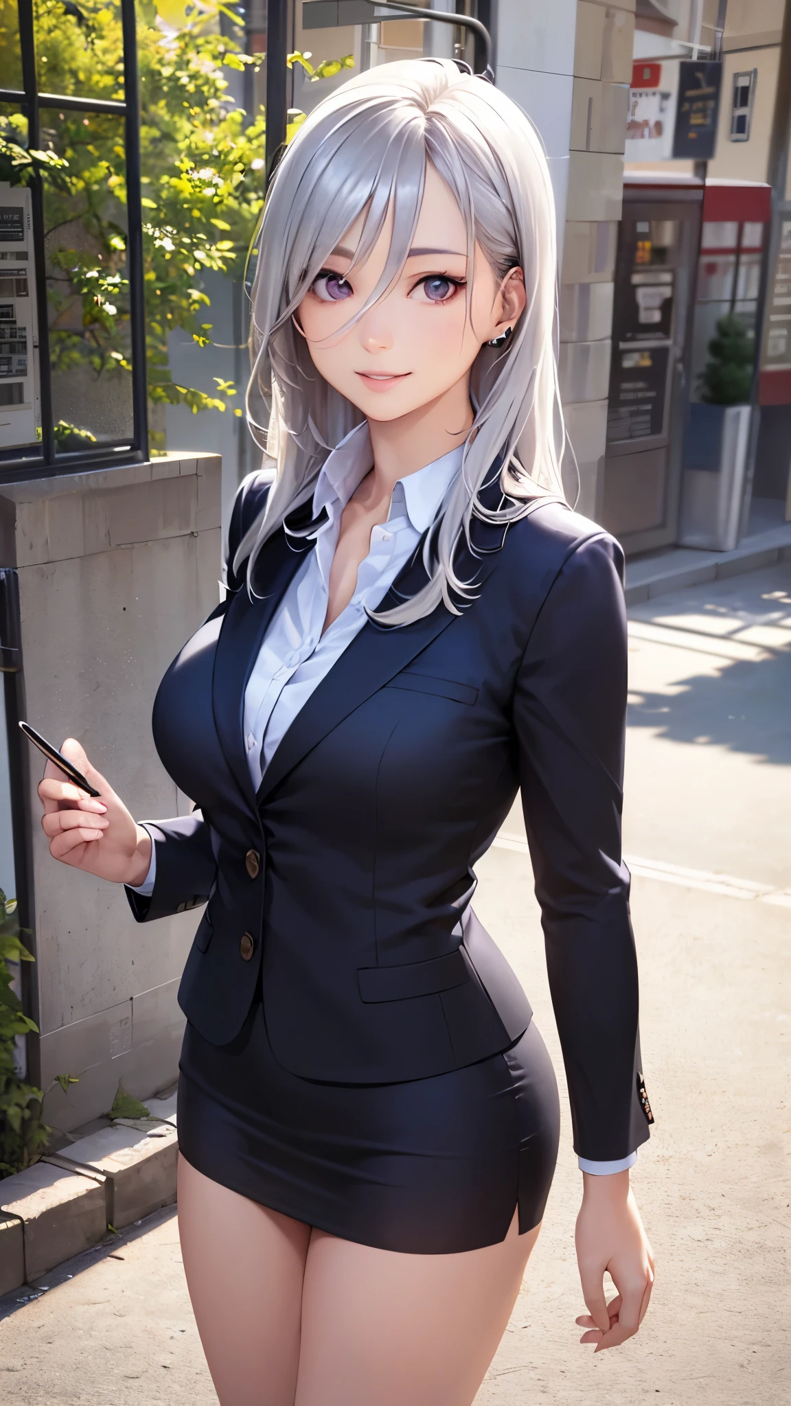(masterpiece:1.2, top-quality), (realistic, photorealistic:1.4), beautiful illustration, (natural side lighting, movie lighting),
looking at viewer, cowboy shot, front view, 1 girl, japanese, high school girl, perfect face, cute and symmetrical face, shiny skin, babyface,
(long hair, straight hair, silver hair), hair between eyes, purple eyes, (middle breasts, seductive thighs, big ass), piercings,
beautiful hair, beautiful face, beautiful detailed eyes, beautiful clavicle, beautiful body, beautiful chest, beautiful thigh, beautiful legs, beautiful fingers,
((long sleeves, white collared shirt, black suit jacket, black pencil mini skirt), id card, strap, black high heels),
(beautiful scenery), evening, park, walking, (lovely smile, upper eyes), big tits, ((high resolution face)), plump