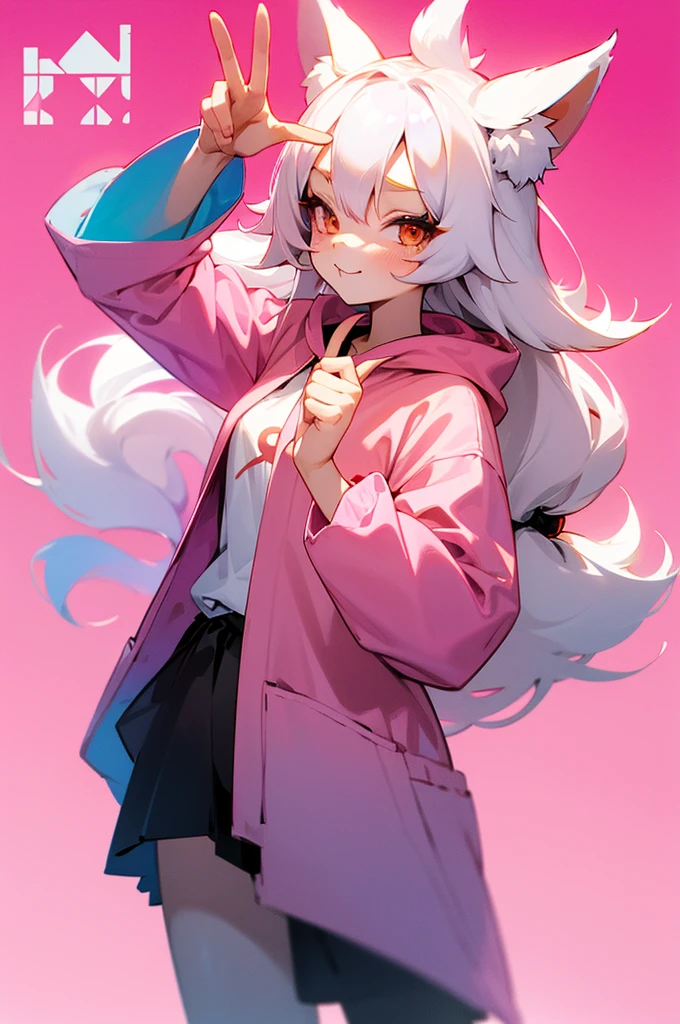 1girl, body, small breast, fox girl, fox ears, kitsune, kitsune tails, white hair long, hair, flowy hair, prtty girl, pink hoodie, cute pose, kawaii, cute pose, peace sign hands, winking, plain background, white background, half body composition, standing pose, soft colors,