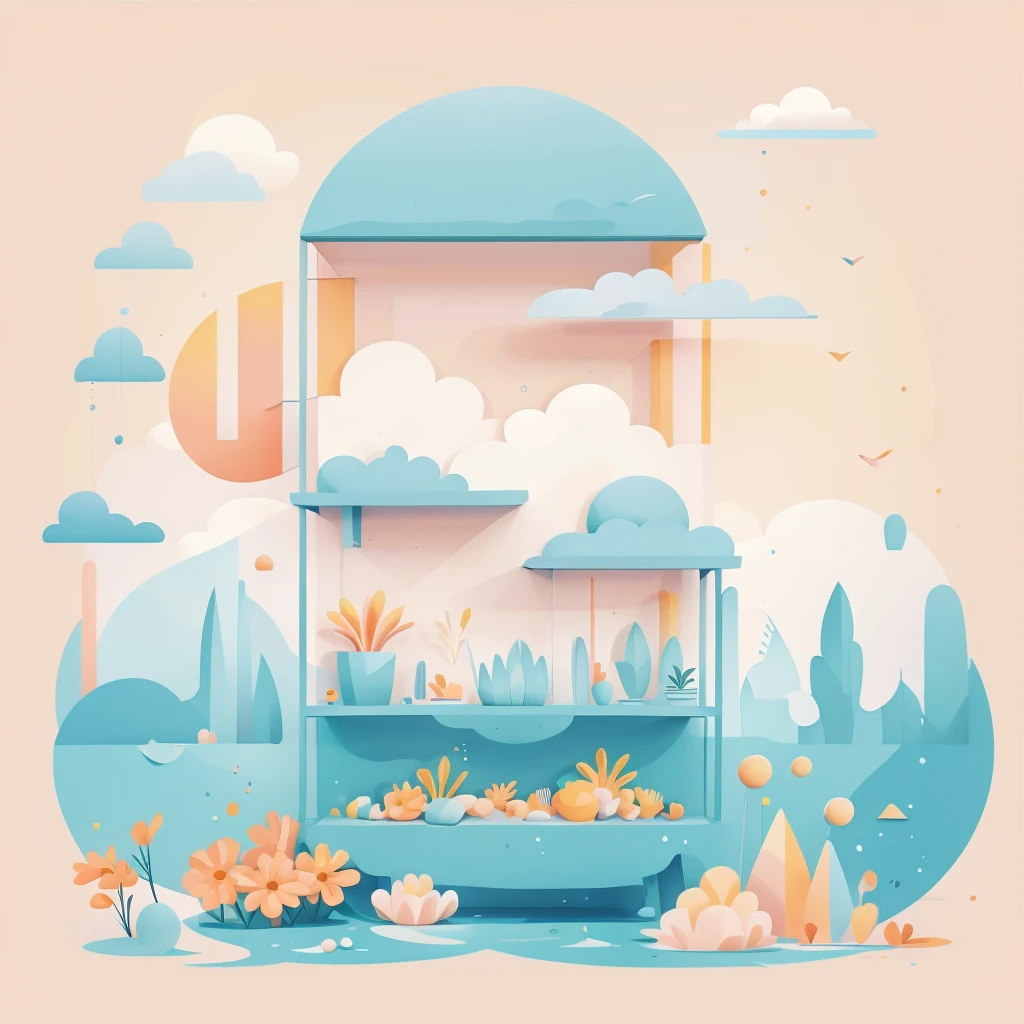 Abstract summer illustratin, minimal, vector, combination of natural and geometric, two-dimensional, using color code 00CCCC tone, pastel color
