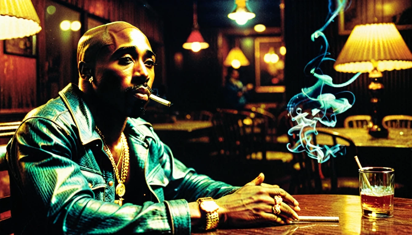 1970s photo of "2Pac" sitting at a table while smoking a cigarette, depressed expression, atmospheric perspective, textured skin, cinematic action, super detail,