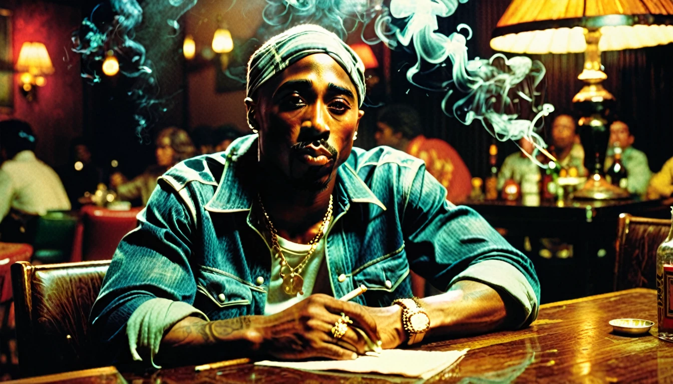 1970s photo of "2Pac" sitting at a table while smoking a cigarette, depressed expression, atmospheric perspective, textured skin, cinematic action, super detail,