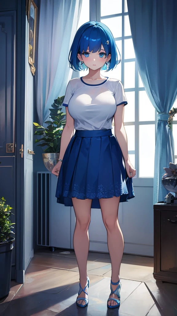 Girl, blue hair, blue eyes, short hair, flowers earrings, freckles, big boobs , white t shirt, mini blue skirt, white high heels, standing