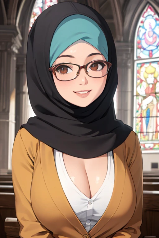 glasses, church, hijabi, cleavage, (best quality, masterpiece, RAW photo,ultra-detailed:1.2), 1girl ,looking at viewer, smile,;D,