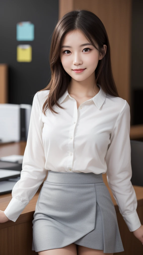 (ung girl), kawaii, (round eyes:1.2), (highly detailed face), smile, Amazing face and eyes, (Best Quality:1.4), (Ultra-detailed), (extremely detailed CG unified 8k wallpaper), Highly detailed, High-definition raw color photos, Professional Photography, Realistic portrait, Amazing face and eyes, indoors, office, (office lady, casual, Tight Skirt:1.3), (A moment of relaxation), model, depth of fields, (fine face:1.2),