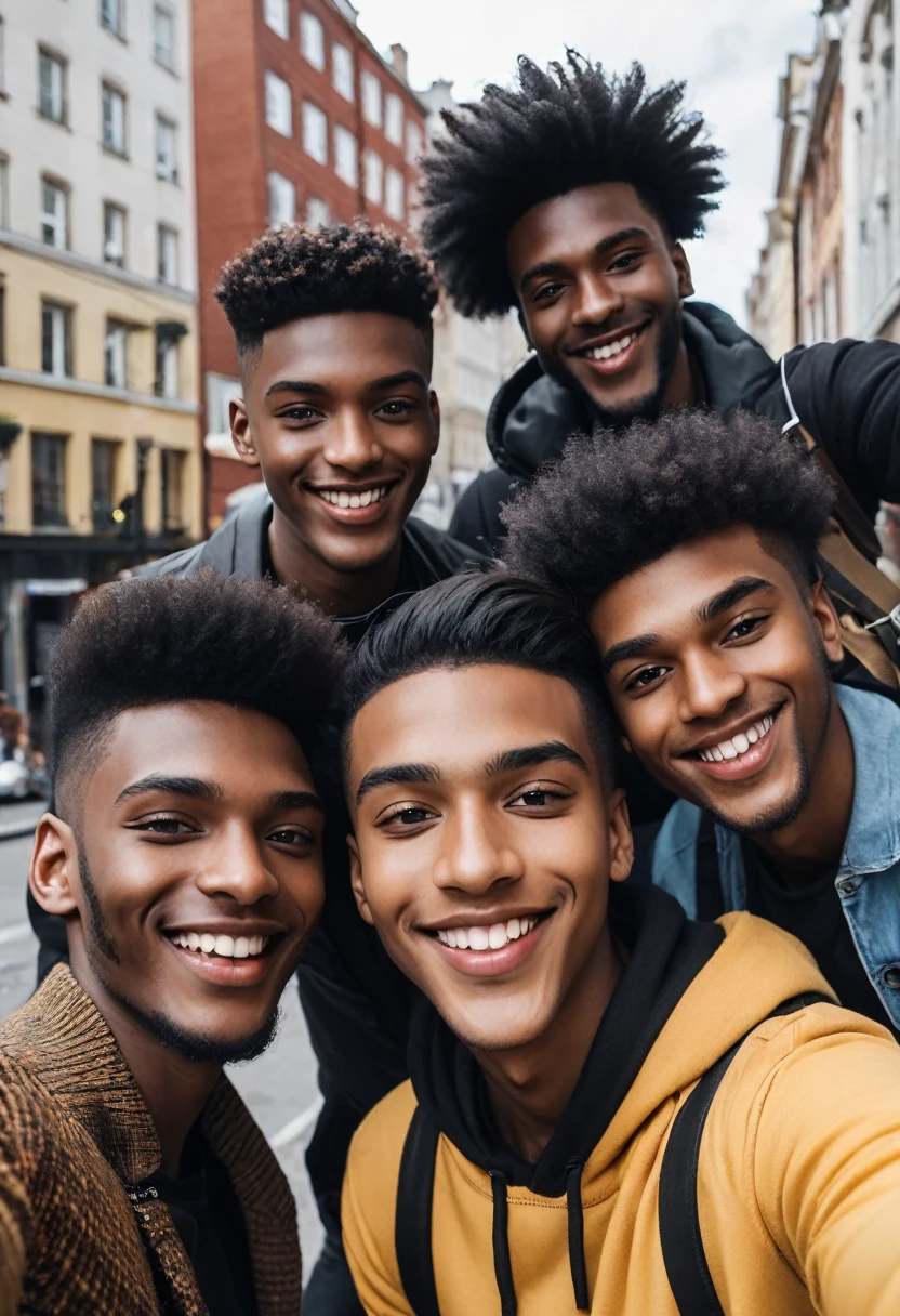 Three 20 year old men, taking selfie, citys, people walking, blackquality hair, Grinning.