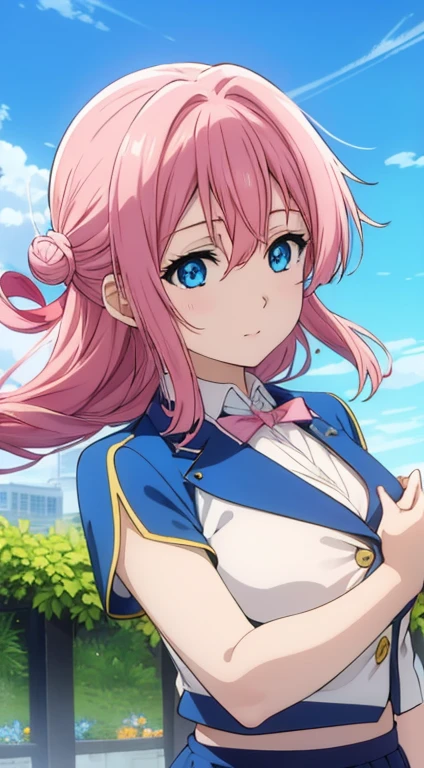 Long pink hair, blue eyes, plained blue skirt, blue blazer, she's in a garden.  