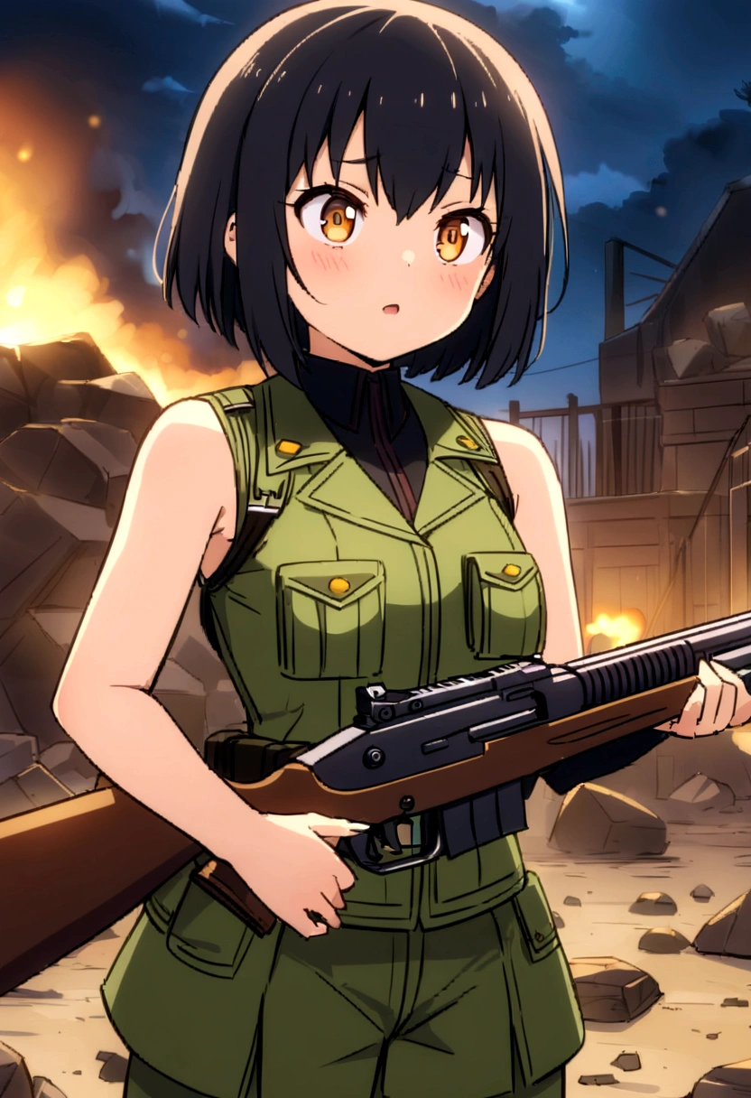 Highest quality、high resolution、Detailed Description、Detailed Background、Accurate depiction、Tank personification、animeスタイル、anime、girl、uniform、battle服、battlefield、rubble、黒cigarette、cigarette、Hold the rifle、Black Short Hair、Big eyes、cute、night、battle