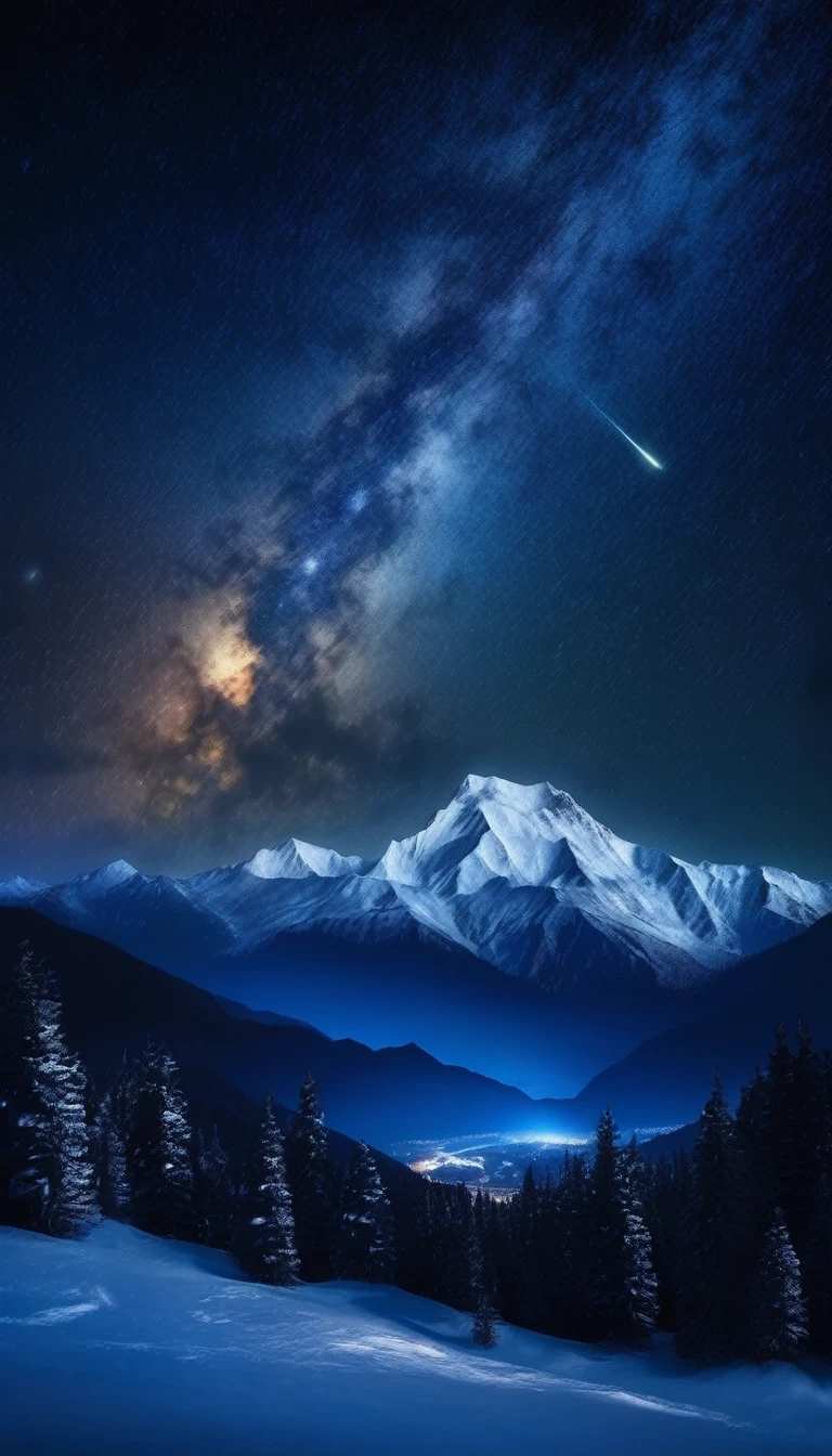 Galaxy night sky behind snowy mountain silhouette at night, meteor shower,
(masterpiece:1.4), (photorealistic:1.5), 8k resolution, (extremely intricate:1.4), (Exquisitely detailed:1.2), (dimmer lighting:1.2),