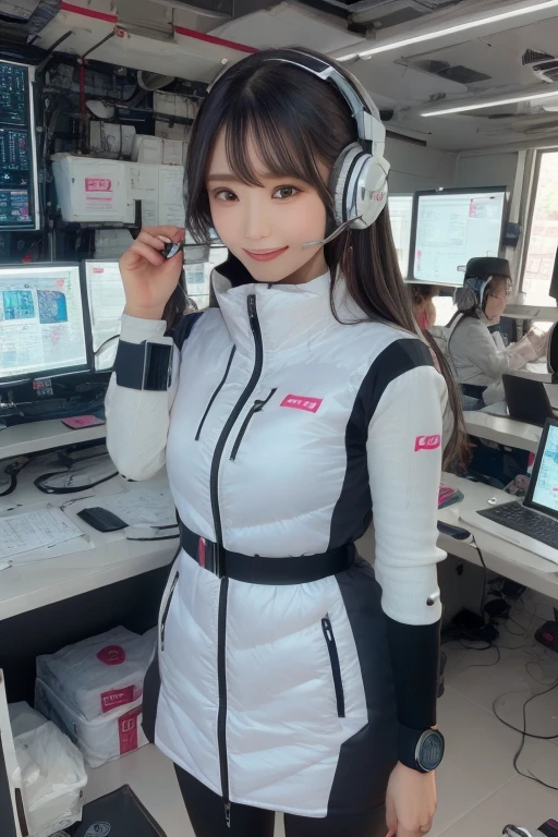 masterpiece, Highest quality, Very detailed, 8K Portrait,Japanese Android Girl,plump , Control panel,Robotic arms and legs, Blunt bangs,,break (Metallic Gray, Metallic luster, Mirror finish, Astro Best):5,headphone:5,break (Black sleeves):100,Smart Watches,Futuristic space station,Control Room,break headphone,blue eyes,(Black Hair):2,(Long Hair):1.3,Displaying the viewer,(respirator),break blush:3,Hidden Hand,smile