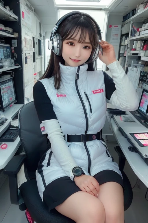 masterpiece, Highest quality, Very detailed, 8K Portrait,Japanese Android Girl,plump , Control panel,Robotic arms and legs, Blunt bangs,,break (Metallic Gray, Metallic luster, Mirror finish, Astro Best):5,headphone:5,break (Black sleeves):100,Smart Watches,Futuristic space station,Control Room,break headphone,blue eyes,(Black Hair):2,(Long Hair):1.3,Displaying the viewer,(respirator),break blush:3,Hidden Hand,smile