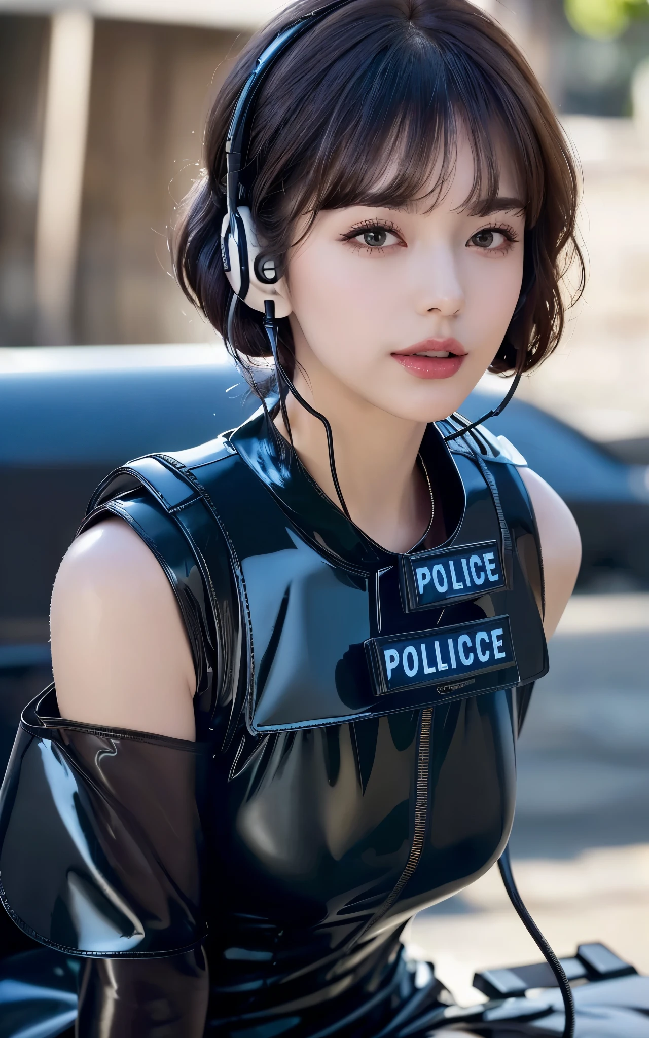 dressed, (photo realistic:1.4), (hyper realistic:1.4), (realistic:1.3), (smoother lighting:1.05), (Improve the quality of cinematic lighting:0.9), 32k, 1girl:1.2, 17 year old girl, realistic lighting, Backlight, light shines on your face, ray tracing, (bright light:1.2), anatomically correct proportions, (Improvement of quality:1.4), (Highest quality realistic textured skin:1.4), (detailed eyes), (black eye), detailed face, high quality eyes, (Tired, sleepy and satisfied:0.0), (((close up of face:1.4))), ((wblack latex tube dress likes police uniform, wearing high-tech headset, military harness:1.15)), japanese girl, (Enhance the mood of your body line:1.1), (Enhances the beauty of skin texture:1.1), (light makeup:1.5]], eyeliner), hair dancing in the wind, brown hair, chignon hair, ((bright dark short (bangs swept to the side), very detailed)),