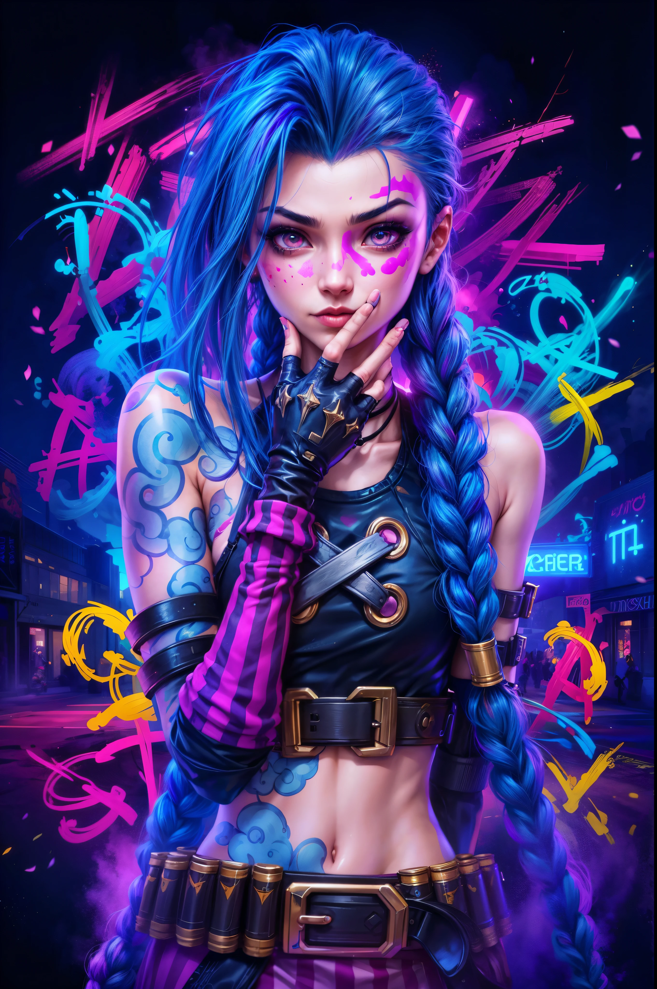 a close up of a person with blue hair and tattoos, portrait of arcane hex, arcane chance, arcane hex, azar de League of Legends, vibrant rossdraws cartoon, inspirado em rossdraws, epic digital art illustration, fantastic art style, cyberpunk artstyle, rossdraws pastel vibrante, Ross Draws 2. 0, deviantart artstation cgscosiety