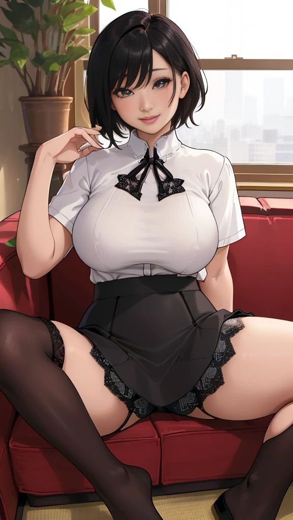Japanese woman dressed as an office lady、A big smile,(((Sitting with Knees Up on sofa at living, spread legs,:1.3)))、Raise your hands above your head、
(((masterpiece))), ((highest quality)), ((Intricate details)), (((Super realistic)), An absurd solution, Near and far, Very detailed, Realistic, One Girl, ((Big and ample breasts under the t-shirt)), Perfect hands, Detailed fingers, Beautiful and fine details, short hair,,(Black tight skirt:1.2), Detailed Background、Bright interior,White blouse, Perfect Eyes, Captivating eyes, Look at the viewers, from the front、Laughter、Mole on the mouth,black tights、black lace panties,black foot stocking