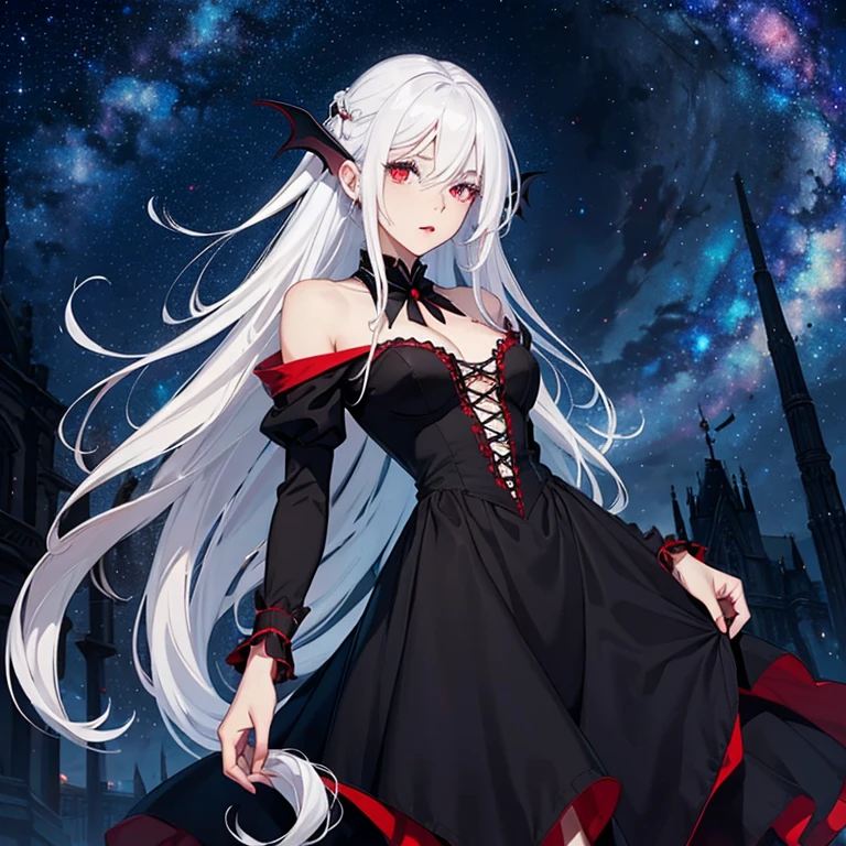 (beautfull woman), (white hair), (Eyes red), (A vampire), (black velvet dress), (series), (super verbose), (high qualiy), (flat hair), (Starry sky).