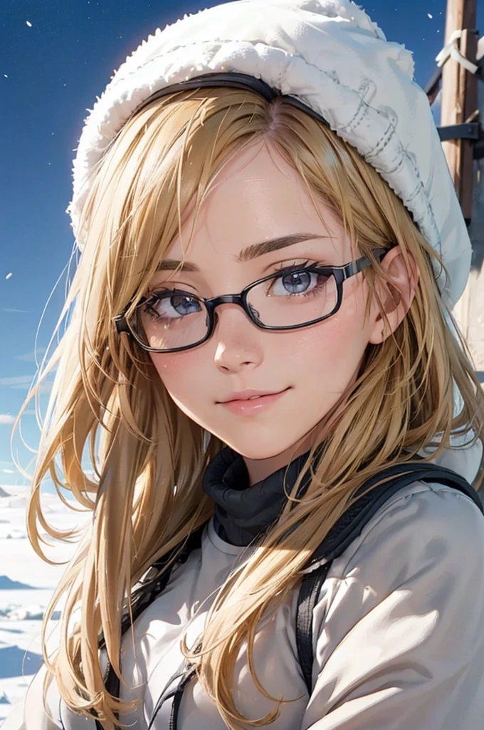 最high quality, high quality, High resolution, high quality texture, high quality shadows, High resolution, Beautiful details, Detailed CG, Detailed Texture, Realistic representation of face, Realistic, colorful, delicate, Cinematic Light, Side light, Lens flare, Ray Tracing, sharp concentrated, (1 Girl,concentrated:1.3), ( Intricate details, compensate, PureErosFaceV1:0.5), (細部まで美しいdelicateな顔, 緻密で美しいdelicateな瞳, Perfect Facial Proportions, Dense skin, Optimal ratio of four fingers to one thumb, Modest chest, Beautiful Hips, Smooth upper abdomen, blue eyes ,cold weather jacket ,cold weather pants ,knit hat ,cold weather gloves ,trekking backpack ,glasses ,hiking,lapland ,snow field ,long trail ,adventure journey ,night,Northern Lights ,winter,the gaze of true love, lips of temptation, A look full of compassion ,a smile full of love, i love you, Acting lovey-dovey, waist up, 35 years old, hiking,house wife, air fortress hair, blonde hair