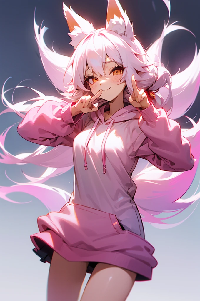 1girl,   body, small breast, fox girl, fox ears, kitsune, kitsune tails, white hair long, hair, flowy hair, prtty girl, pink hoodie, cute pose, kawaii, cute pose, peace sign hands, winking, plain background, white background, half body composition, standing pose, soft colors,