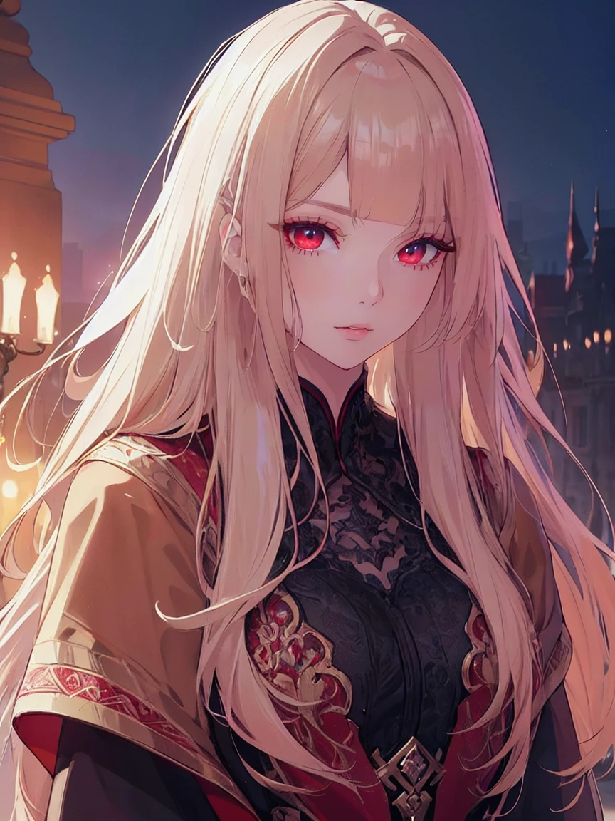 (Uhd, Masterpiece, Textured Skin, Super Detail, High Details, High Quality, Best Quality), ((long, lush hair)), ((elegant outfit)), impressive pose, ((red eyes)), ((detailed red eyes)), ((The background is in front of a royal palace)), ((light blonde hair, with pink spots at the ends of her hair), Attractive make-up, scenery, High definition, retina, work of art, precise, anatomical, scientifically correct, Textured skin, super detail, highly detailed, high quality, award-winning, maximum quality, high definition, 1080P, high definition, 4k, 8k, 16k