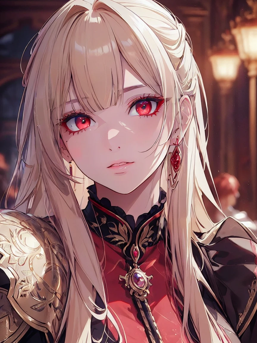 (Uhd, Masterpiece, Textured Skin, Super Detail, High Details, High Quality, Best Quality), ((long, lush hair)), ((elegant outfit)), impressive pose, ((red eyes)), ((detailed red eyes)), ((The background is in front of a royal palace)), ((light blonde hair, with pink spots at the ends of her hair), Attractive make-up, scenery, High definition, retina, work of art, precise, anatomical, scientifically correct, Textured skin, super detail, highly detailed, high quality, award-winning, maximum quality, high definition, 1080P, high definition, 4k, 8k, 16k