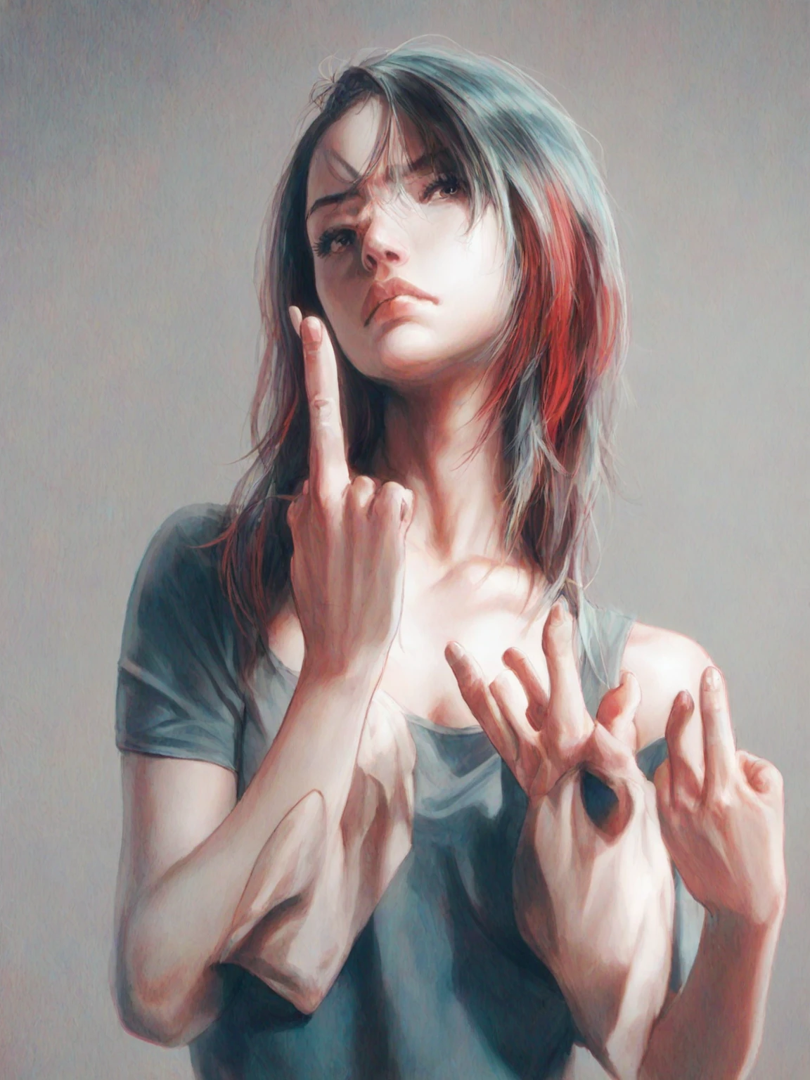 hyperrealistic & hypperdetail girl a middle finger, uncropped unprocessed raw render, dark moody lighting, blue and red color palette,highly detailed,cinematic, dramatic, angry expression, minimalist