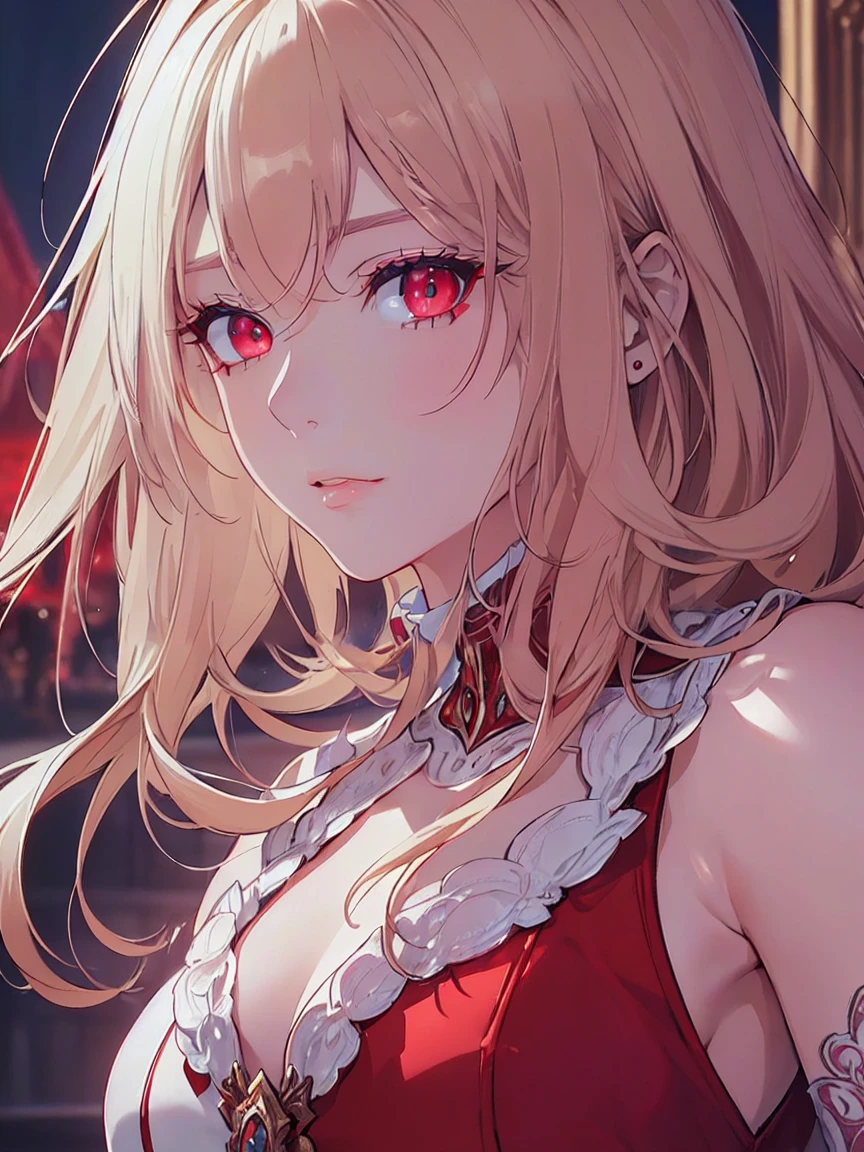(Uhd, Masterpiece, Textured Skin, Super Detail, High Details, High Quality, Best Quality), ((long, lush hair)), ((elegant outfit)), impressive pose, ((red eyes)), ((detailed red eyes)), ((The background is in front of a royal palace)), ((light blonde hair, with pink spots at the ends of her hair), Attractive make-up, scenery, High definition, retina, work of art, precise, anatomical, scientifically correct, Textured skin, super detail, highly detailed, high quality, award-winning, maximum quality, high definition, 1080P, high definition, 4k, 8k, 16k