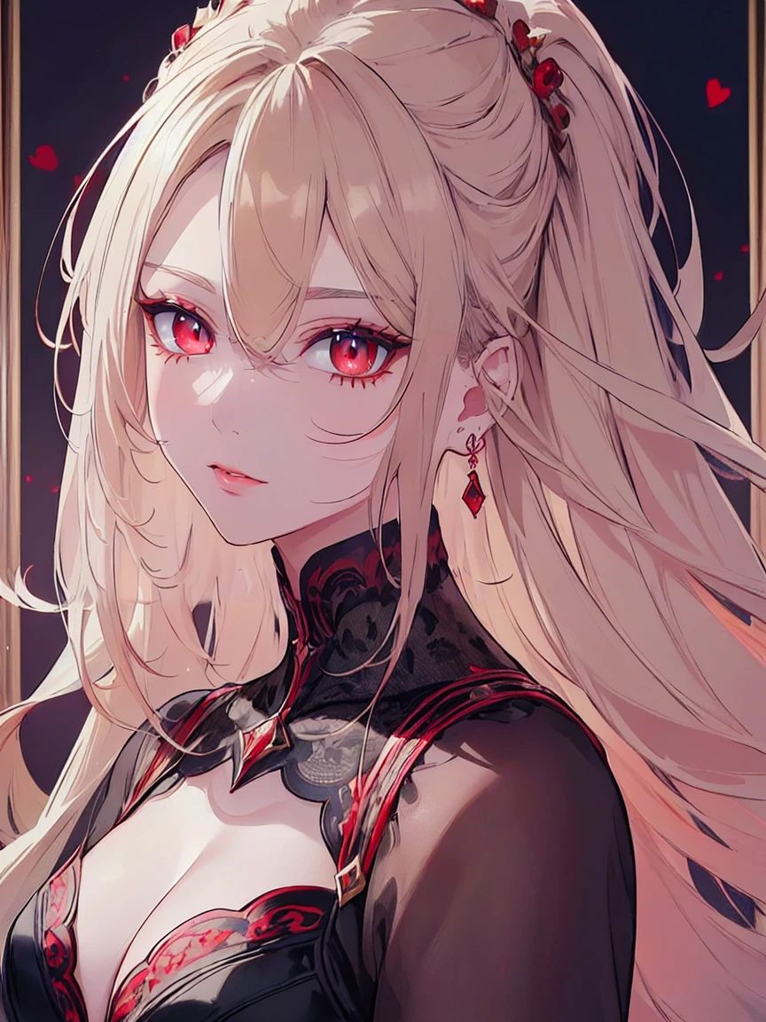 (Uhd, Masterpiece, Textured Skin, Super Detail, High Details, High Quality, Best Quality), ((long, lush hair)), ((elegant outfit)), impressive pose, ((red eyes)), ((detailed red eyes)), ((The background is in front of a royal palace)), ((light blonde hair, with pink spots at the ends of her hair), Attractive make-up, scenery, High definition, retina, work of art, precise, anatomical, scientifically correct, Textured skin, super detail, highly detailed, high quality, award-winning, maximum quality, high definition, 1080P, high definition, 4k, 8k, 16k