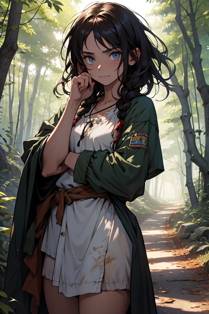 a feral girl wearing rags living in the woods