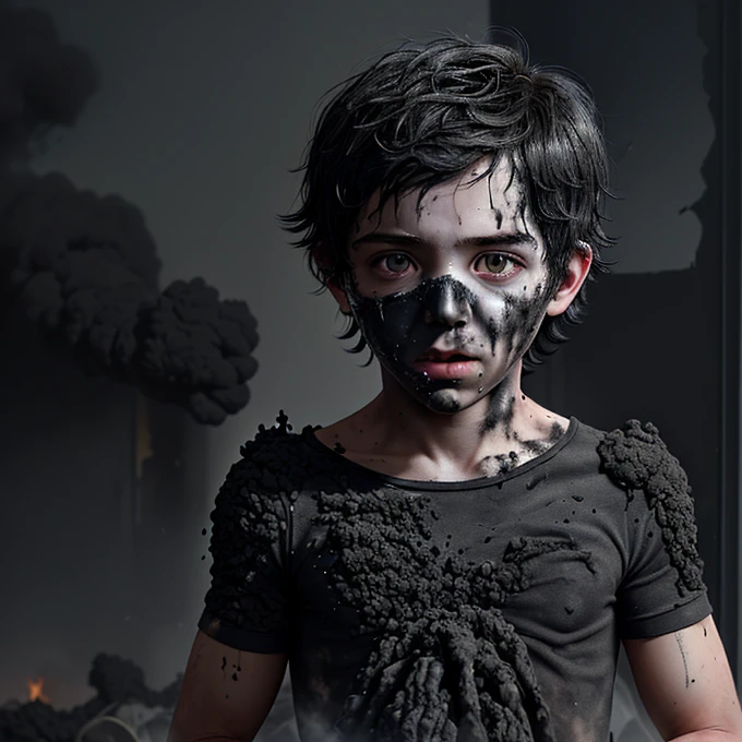 A boy covered in soot who caused an explosion while mischief