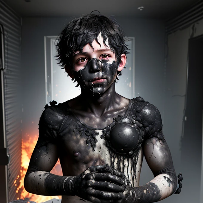 A boy covered in soot who caused an explosion while mischief