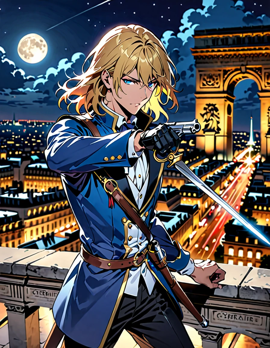 (masterpiece), (best quality), (hires), 1man, solo, solo focus, male focus, dynamic action pose, handsome french male, musketeer, gentleman, holding weapon, cybernetic limbs, holding gun, holding and aiming a flintlock pistol with one hand, muzzle flash, blonde hair, medium hair, hair down, blue eyes, (wearing edgmousquetaire) fencing sword, sheath, looking away, modern paris, night, outdoors, rooftop, ledge, arc de triomphe, full moon