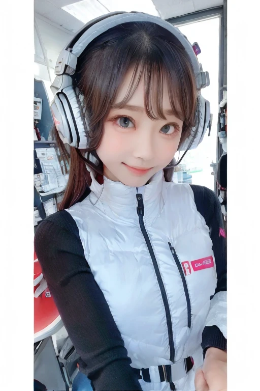 masterpiece, Highest quality, Very detailed, 8K Portrait,Japanese Android Girl,plump , Control panel,Robotic arms and legs, Blunt bangs,,break (Metallic Gray, Metallic luster, Mirror finish, Astro Best):5,headphone:5,break (Black sleeves):100,Smart Watches,Futuristic space station,Control Room,break headphone,blue eyes,(Black Hair):2,(Long Hair):1.3,Displaying the viewer,(respirator),break blush:3,Hidden Hand,smile