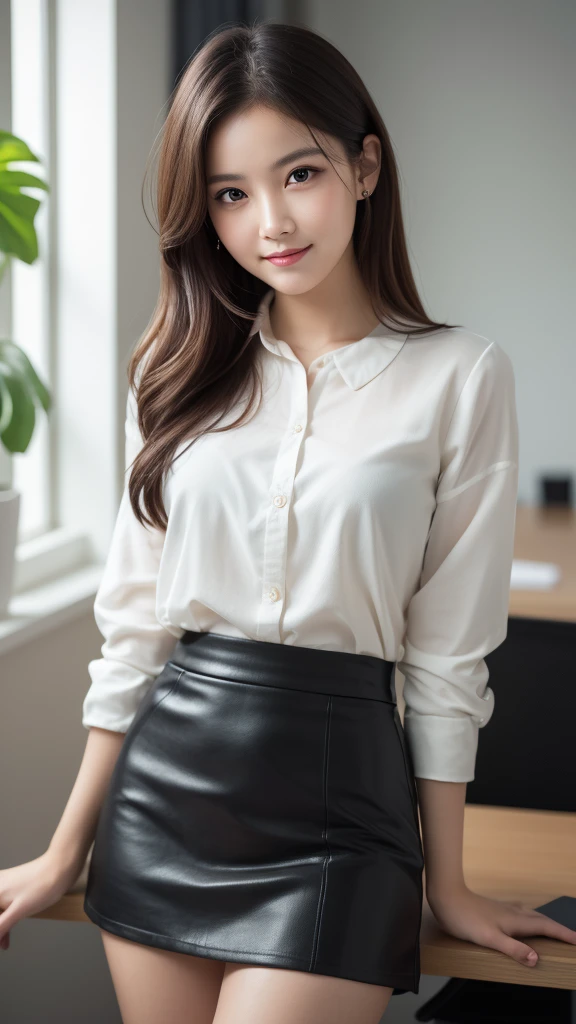 (ung girl), kawaii, (round eyes:1.2), (highly detailed face), smile, Amazing face and eyes, (Best Quality:1.4), (Ultra-detailed), (extremely detailed CG unified 8k wallpaper), Highly detailed, High-definition raw color photos, Professional Photography, Realistic portrait, Amazing face and eyes, indoors, office, (office lady, casual, Tight Skirt:1.3), (A moment of relaxation), model, depth of fields, (fine face:1.2),