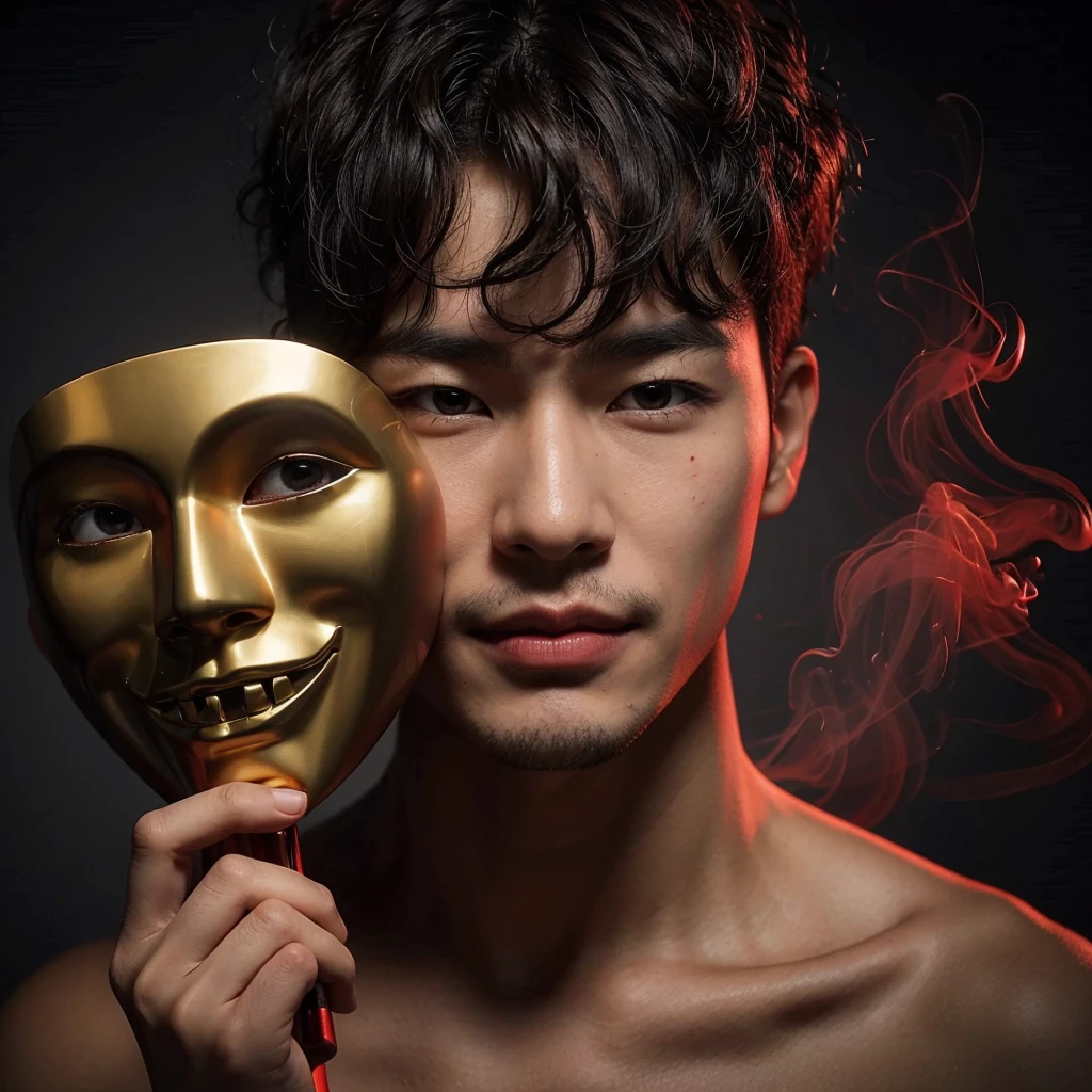 photography,realism, wide angle camera, a handsome korean man, looking sadistically,(very short crewcut curly hair) cleanface,ideal height.holding a red gold mask that looks smile, next to his face as if he is removing the mask with his right hand,not wearing clothes, dark black background decorated with thin smoke, red smoke below.natural gaze.very curly hair