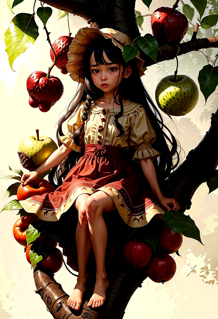 A girl grows out of a fruit and hangs from a tree., The body is wrapped in leaves.