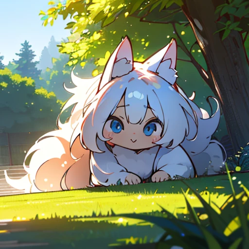 (best quality,4k,8k,highres,masterpiece:1.2),ultra-detailed,(realistic,photorealistic,photo-realistic:1.37),cute,solo girl with white long wavy hair,blue eyes,fox ears,fluffy fox tail,summer time in Japan,beautiful garden scenery,lush greenery,colorful