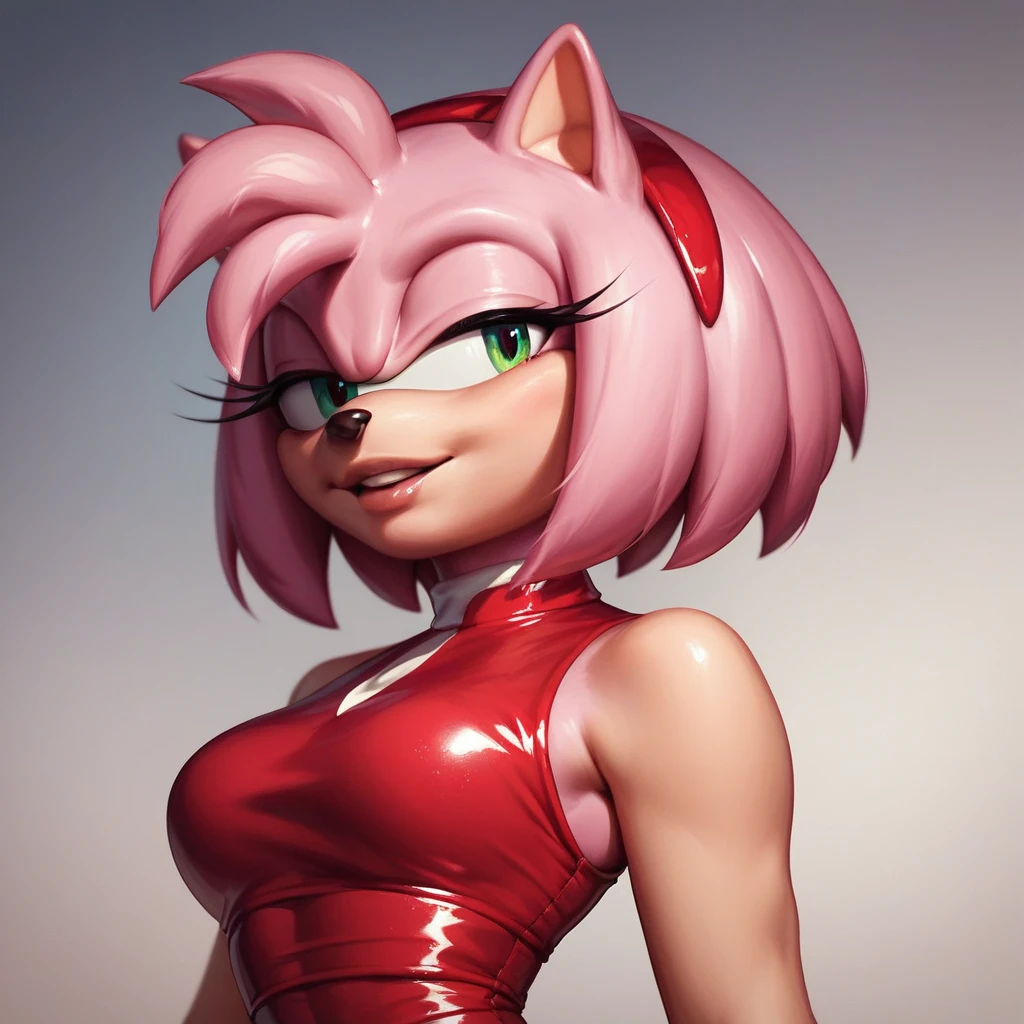 score_9, score_8_up, score_7_up, score_6_up, amy rose, 1girl, solo, dark maroon clothes, modern clothes, fashion, creative clothing, hedgehog girl, pink fur