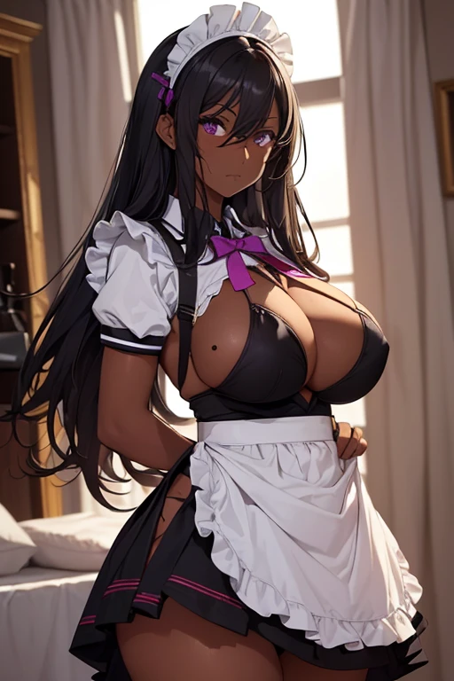 (isabe),(1girl),(pretty:1.5),(super hot:1.5),(Dark skin:2.0),(Long dark purple hair and dark purple eyes),(Super mega gigantic breasts:1.5),(height 1.76),(pretty young woman),(super pretty 18 year old ager),(Wearing),+,(\dressed as a maid, and maid's clothes and super revealing on the back, I lowered the short skirt a lot, showing the legs, and a little of the panties, and the part of the apron at the back of the skirt is very low, showing the delicious buttocks, and on the top of the maid uniform it looks like a very short and sexual bra, and she has a big ass and super big breasts, she is super busty and has really big buttocks)/