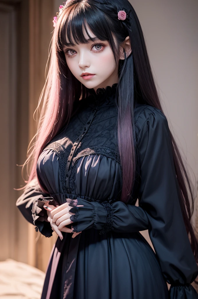 A light pink eyed vampire  with long straight dark navy blue hair with bangs, a dark pink Victorian dress with long white sleeves