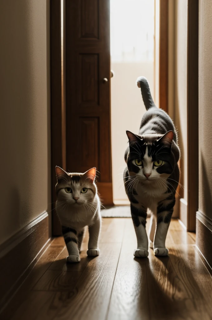 A cat walking towards a light 