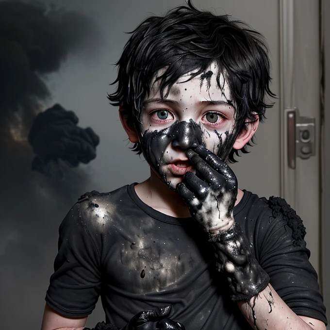 A boy covered in soot after being caught in an explosion while doing something naughty
