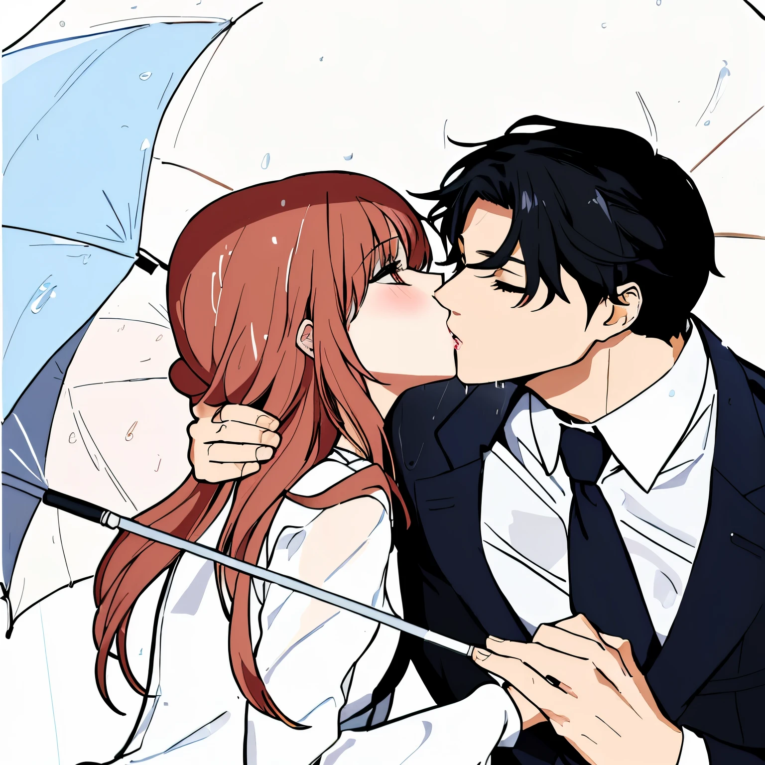 anime couple kissing under umbrella in the rain, kissing together cutely, kissing together, shoujo romance, official fanart, marton gyula kiss ( kimagu ), lovely kiss, manhwa, ( ( ( yoshinari yoh ) ) ), kissing each other, man eyes closed, girl with open eyes scared, girl kissing surprise, girl detailed eyes, clean strokes, smooth and perfect stroke, High Definition Details, anime styling, fine and detailed strokes