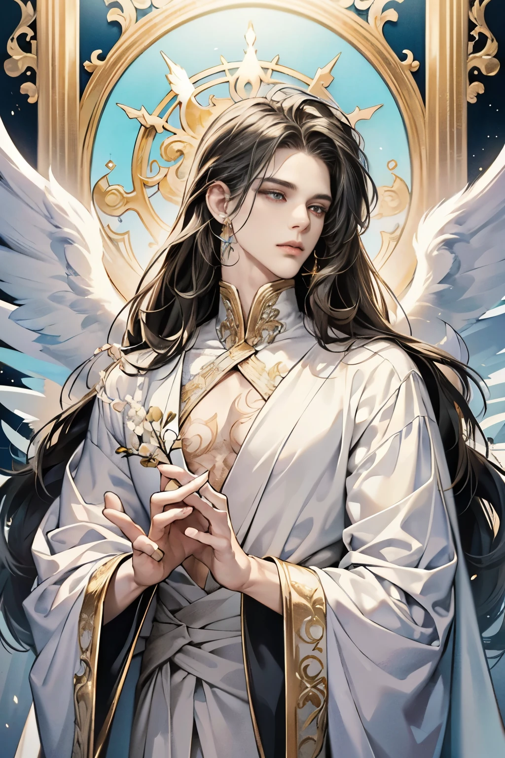 "Highly detailed, ethereal digital painting of a stunningly beautiful male angel. He has long, flowing black hair with radiant golden highlights that seem to shimmer and glow. His eyes are a piercing, captivating shade of blue that draw the viewer in.

The angel’s features are delicate and slightly feminine, yet he maintains a distinctly masculine presence. His skin is flawless and porcelain-like, giving him an otherworldly, porcelain-doll quality. He does not have any visible muscle tone or facial hair.

The angel is wearing a long, flowing white robe or gown adorned with intricate golden accents and embroidery. The top of the garment has a heart-shaped cutout that frames the angel’s smooth, pale chest and draws attention to his androgynous, alluring features.

The composition and lighting should emphasize the angel’s ethereal beauty, making him appear almost luminescent against a soft, hazy background. The overall mood should be one of divine, enchanting elegance - a fusion of masculine and feminine qualities that captivate the viewer."