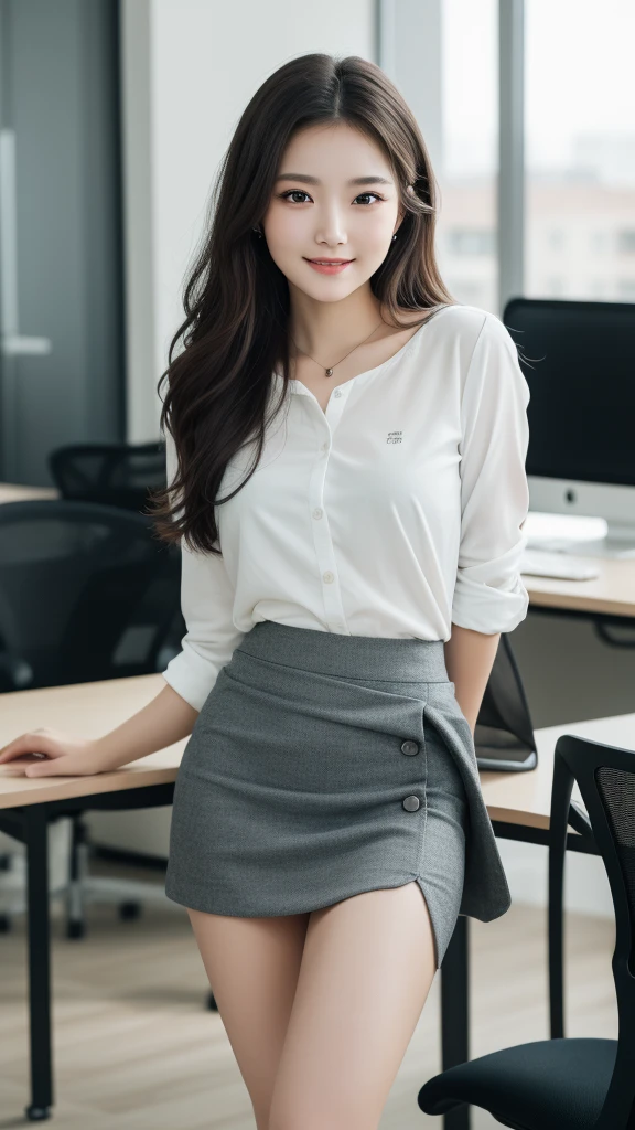 (1young girl), kawaii, (round eyes:1.2), (highly detailed face), smile, Amazing face and eyes, (Best Quality:1.4), (Ultra-detailed), (extremely detailed CG unified 8k wallpaper), Highly detailed, High-definition raw color photos, Professional Photography, Realistic portrait, Amazing face and eyes, indoors, office, (office lady, casual, Tight Skirt:1.3), (A moment of relaxation), model, depth of fields, (fine face:1.2),