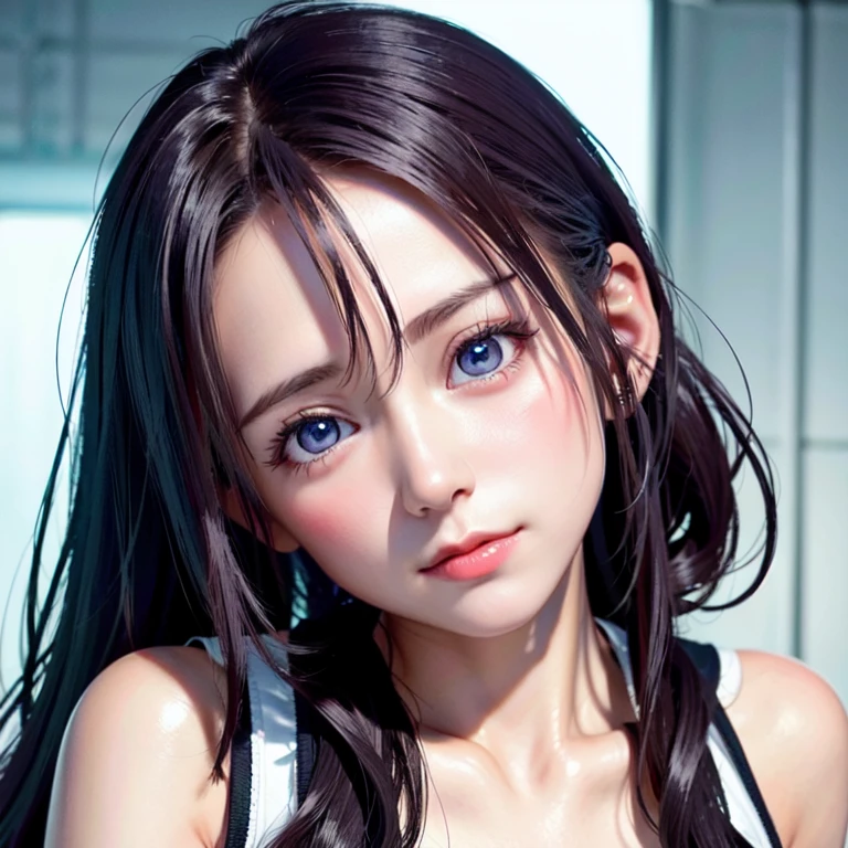 (8K, RAW photos, best quality, masterpiece:1.2), (Practical, photo-Practical:1.37),1 girl,Lovely, A faint smile,blue eyes, (Solitary),Detailed Face Ponytail, dramaticangle,
,office,Looking at the audience,Throw,Cyberpunk,   