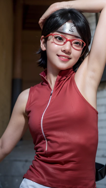 1 girl, Uchiha Sarada in the anime Boruto, short hair, black hair, red eyes, beautiful, smile, red glasses, sleeveless, face of a 15 year old teenager, plain red clothes, back alley background, ultra detailed, realistic, rosy lips, sweet smile expression, charming young girl, arms up, armpits visible