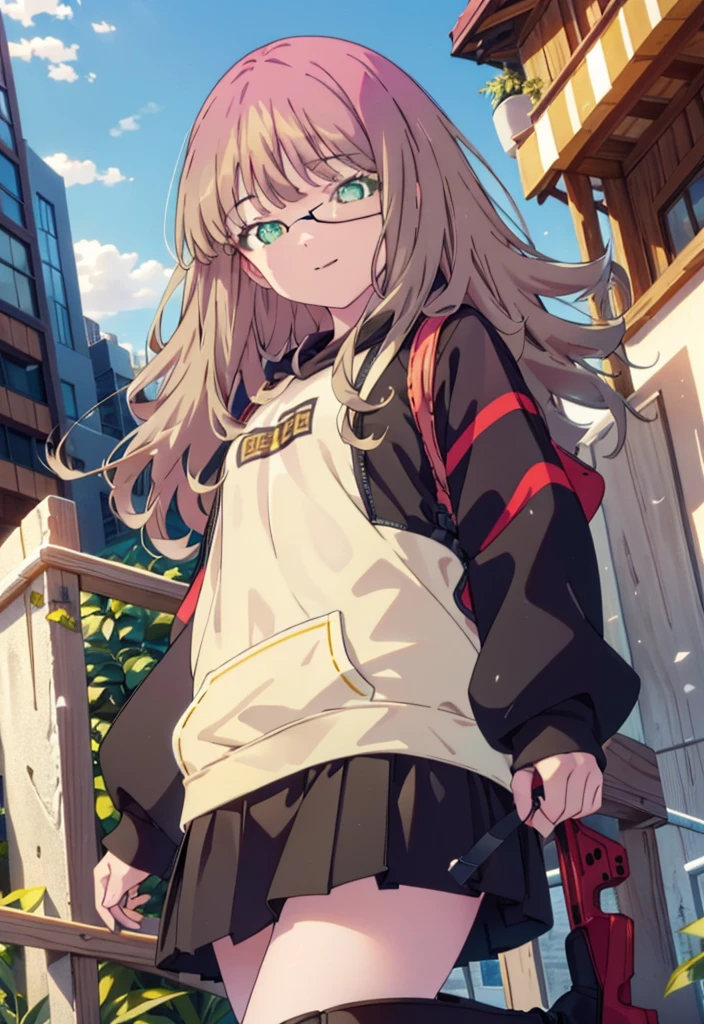 minami yume ,sss Dynazenon ,Long Hair, Brown Hair, (Green Eyes:1.5) ,Center of chest,hair band,happy smile, smile, Open your mouth, Black-rimmed glasses,Oversized red hoodie,Blue long skirt,short boots,Walking,whole bodyがイラストに入るように
break looking at viewer, whole body,(Cowboy Shot:1. 5),
break outdoors, Building district,
break (masterpiece:1.2), Highest quality, High resolution, unity 8k wallpaper, (shape:0.8), (Beautiful and beautiful eyes:1.6), Highly detailed face, Perfect lighting, Extremely detailed CG, (Perfect hands, Perfect Anatomy),